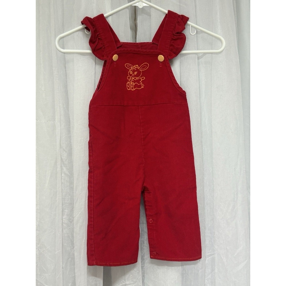 Vintage Sears Perma-Prest Red‎ Corduroy Bunny Embroidered Ruffle Overalls Size M